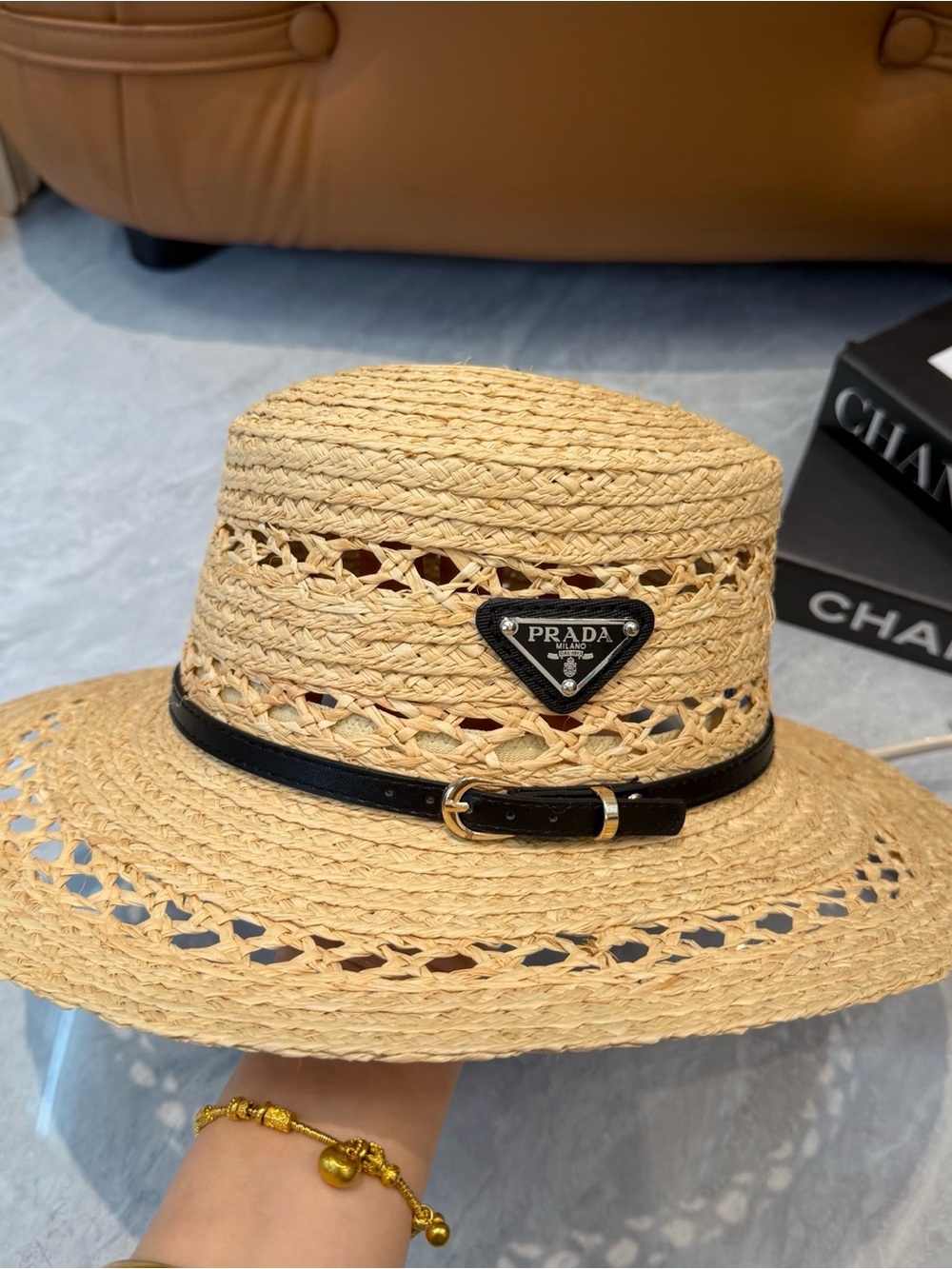 Prada Natural Straw Sun Hat with Black Leather Band